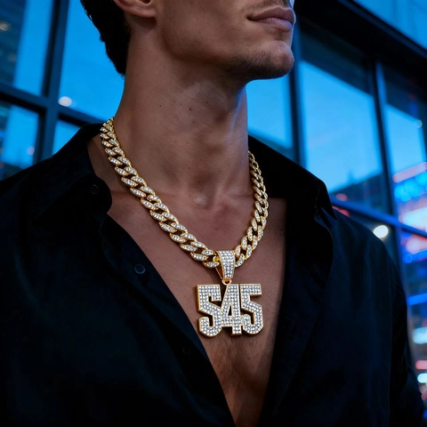 Herren Hip Hop Iced Out Nummer 545 Anhänger Halskette Mit 18 Zoll Panzerkette Legierung Strass Streetwear Schmuck Gold Silber
