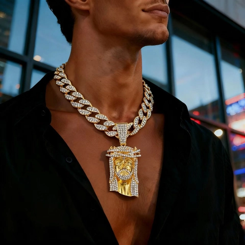 Collana Con Pendente a Forma di Testa di Gesù Hip Hop Oro Argento Lega Strass Catena a Maglia Cubana Gioielli Street Uomo