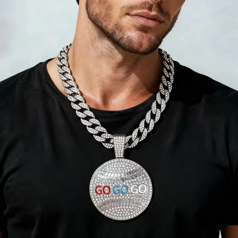 Iced Out Hiphop Legierung Rund GO GO GO Anhänger Halskette Mit Strass Panzerkette Für Herren Mode Schmuck Geschenk