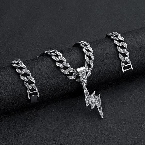 Hip Hop Iced Out Lightning Bolt Pendant Necklace Alloy Rhinestone Cuban Link Chain For Men Women Streetwear Jewelry Gift
