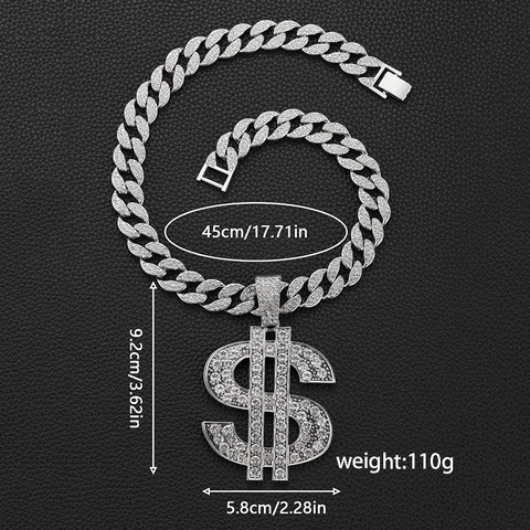 Hip Hop Alloy Rhinestone Dollar Sign Pendant Necklace Iced Out Gold Silver Cuban Chain Rope Chain Men Jewelry Trendy Gift