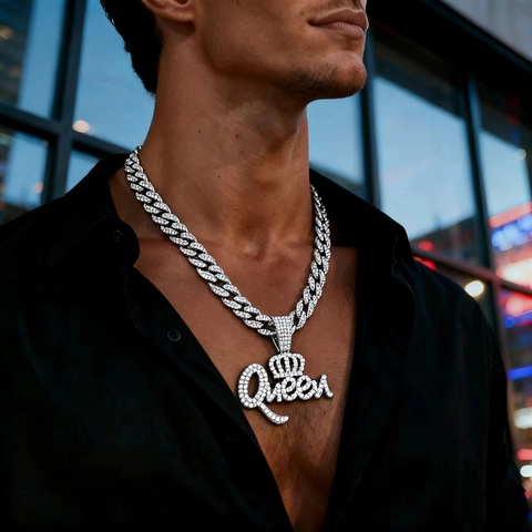 Collana Con Ciondolo a Forma di Corona Queen Hip Hop Per Uomo Donna Strass In Lega Catena Cubana Tennis Gioielli