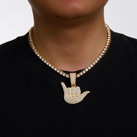 Hip Hop Men Zinc Alloy Rhinestone Hand Gesture Pendant Necklace Personalized Iced Out Cuban Tennis Rope Chain Jewelry Gift