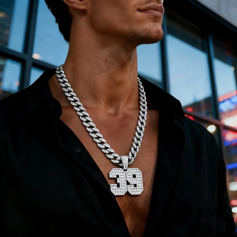 Collana con Pendente Numero 39 Hip Hop in Lega di Zinco con Strass Iced Out per Uomo Donna Gioielli di Moda Catena Cubana
