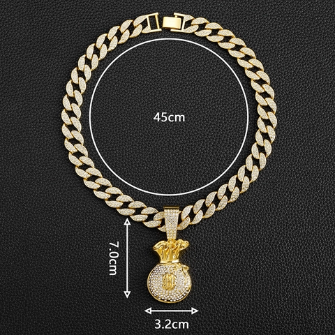 Hip Hop Homme Alliage Strass Sac d'Argent Pendentif Collier Avec Signe Dollar Et Chaîne Cubaine 18 Pouces Bijoux Mode