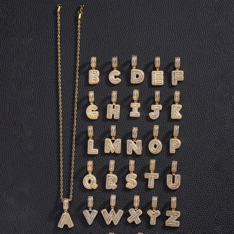 Hip Hop Iced Out Initial Letter Pendant Necklace For Men Women Gold Plated Copper Zirconia Alphabet Rope Chain Jewelry