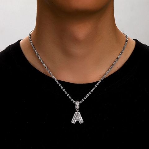 Iced Out Baguette Capital Alphabet Letter Pendant Necklace Hip Hop Copper Zirconia Jewelry With Rope Chain For Men Women