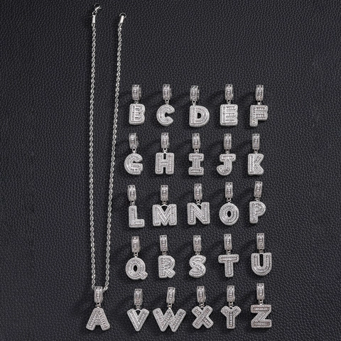 Iced Out Baguette Capital Alphabet Letter Pendant Necklace Hip Hop Copper Zirconia Jewelry With Rope Chain For Men Women