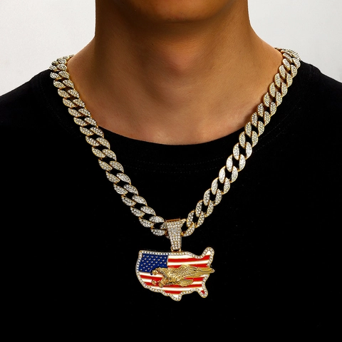 Hip Hop US Map Pendant Necklace Zinc Alloy Rhinestone American Flag Eagle Pendant Patriotic Jewelry For Men Women