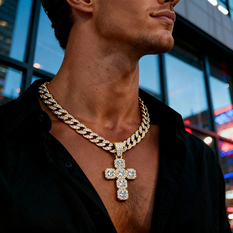 Hip Hop Zinc Alloy Rhinestone Cross Pendant Necklace With Cuban Link Chain For Men Women Icy Out Street Style Jewelry