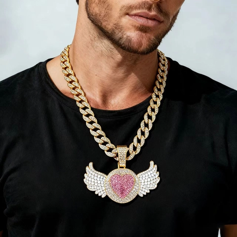 Hip Hop Engelsflügel Herz Anhänger Halskette Zinklegierung Strass Panzerkette Für Herren Damen Iced Out Bling Schmuck Geschenk