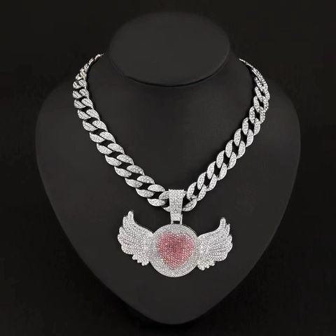 Hip Hop Engelsflügel Herz Anhänger Halskette Zinklegierung Strass Panzerkette Für Herren Damen Iced Out Bling Schmuck Geschenk