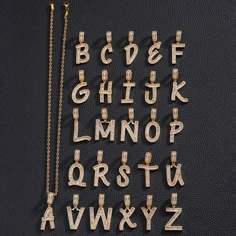 Hip Hop Copper Zirconia Initial Letter Pendant Necklace For Women Iced Out Rope Chain Trendy Fashion Jewelry Gift