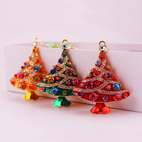 Porte-Clés Sapin de Noël Avec Strass Colorés Alliage de Zinc Émail Pendentif de Sac Cadeau de Noël Pour Femmes