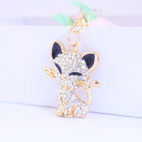 Cute Animal Squinting Fox Keychain Gold Zinc Alloy Rhinestone Pave Enamel Bag Charm Pendant Car Keychain Accessories For Women