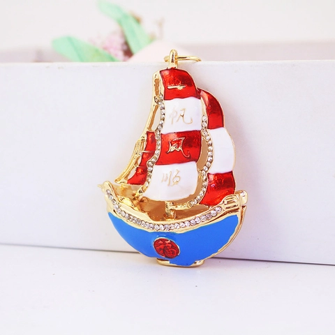 Chinese Stijl Emaille Zeilboot Sleutelhanger Zegen Cadeau Strass Legering Auto Sleutelhanger Hanger Voor Vrouwen Mannen