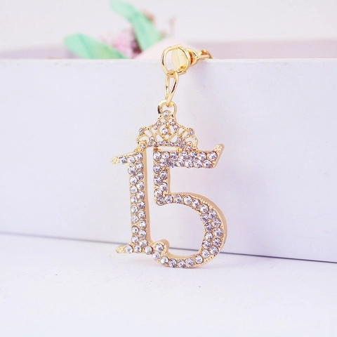 Portachiavi Creativo Oro Numero 15 Corona Con Strass Pendente in Lega di Zinco Luccicante Per Compleanno Anniversario Donna Regalo