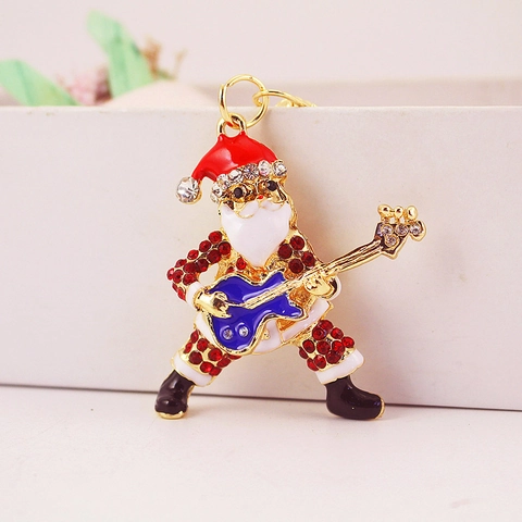Porte-clés Créatif Père Noël Jouant De La Guitare Rock Métal Strass Émail Pendentif De Sac De Noël Cadeau Pour Femmes