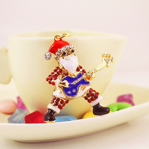 Porte-clés Créatif Père Noël Jouant De La Guitare Rock Métal Strass Émail Pendentif De Sac De Noël Cadeau Pour Femmes