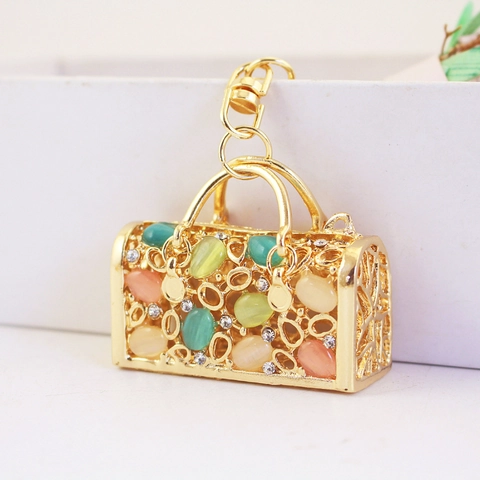 Portachiavi Borsa a Mano Vintage in Lega di Zinco Intaglio Traforato Multicolore Pietra Artificiale Strass Ciondolo Borsa Regalo per Donna