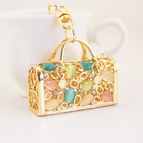 Portachiavi Borsa a Mano Vintage in Lega di Zinco Intaglio Traforato Multicolore Pietra Artificiale Strass Ciondolo Borsa Regalo per Donna