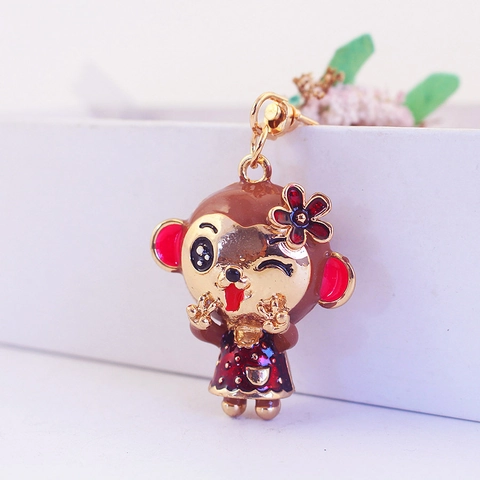 Llavero de Mono de Dibujos Animados Lindo Aleación de Zinc Strass Esmalte Flor Vestido de Lunares Colgante de Bolso Mujer
