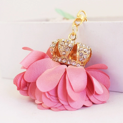 Strass Gold Krone Rosa Satin Blume Schlüsselanhänger Für Damen Auto Schlüsselring Tasche Anhänger Deko Elegant Schmuck