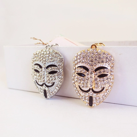 Glänzender Strass Guy Fawkes Maske Schlüsselanhänger Zinklegierung Metall Gesicht Anhänger Für Auto Schlüssel Taschenschmuck