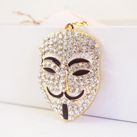 Glänzender Strass Guy Fawkes Maske Schlüsselanhänger Zinklegierung Metall Gesicht Anhänger Für Auto Schlüssel Taschenschmuck