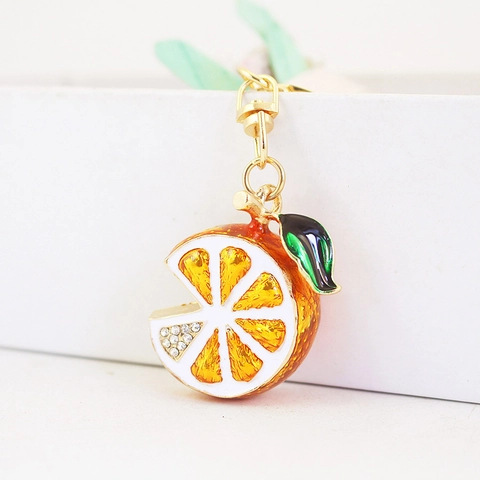 Creative Rhinestone Fruit Slice Keychain Zinc Alloy Lemon Orange Enamel Pendant For Car Bag Keys Women Fashion Jewelry Gift