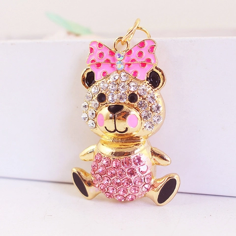 Portachiavi a Forma di Orso con Fiocco Cartone Animato Ciondolo Animale in Lega di Zinco con Strass Accessorio Borsa Regalo Donna
