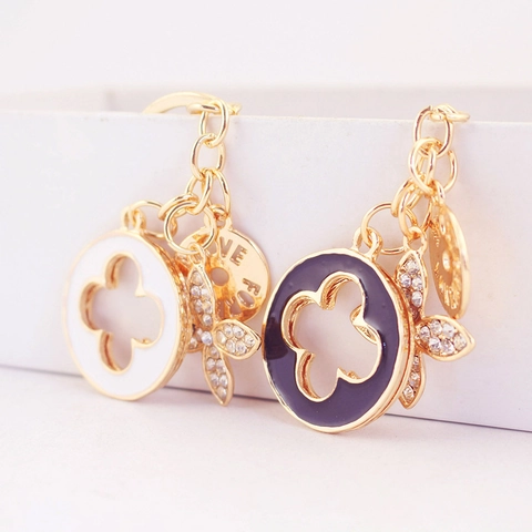 Kreative Strass Emaille Kleeblatt Schlüsselanhänger Gold Metall Floral Schlüsselring Für Damen Love Forever Anhänger Tasche Charm Geschenk