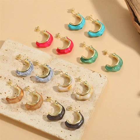 Pendientes de Cobre y Resina Vintage Franceses en Forma de C para Mujer Pendientes de Aro Geométricos Minimalistas Joyas de Moda