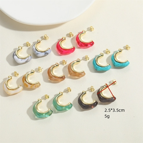 Pendientes de Cobre y Resina Vintage Franceses en Forma de C para Mujer Pendientes de Aro Geométricos Minimalistas Joyas de Moda