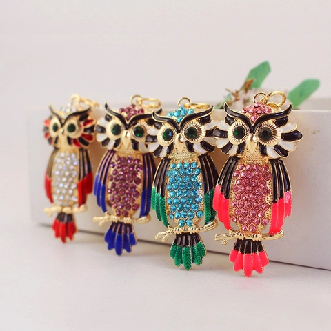 Cute Rhinestone Enamel Owl Keychain For Women Animal Car Key Ring Shiny Zinc Alloy Bag Charm Pendant Jewelry Gift For Girls