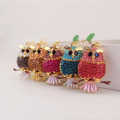 Cute Rhinestone Owl Branch Animal Keychain Zinc Alloy Gold Plated Inlaid Water Drill Bag Charm Car Key Ring Gift For Women