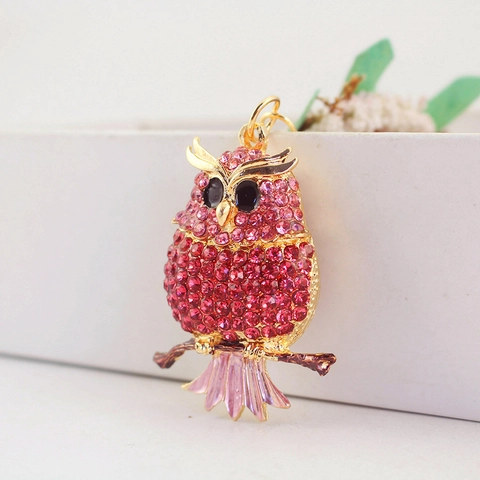 Cute Rhinestone Owl Branch Animal Keychain Zinc Alloy Gold Plated Inlaid Water Drill Bag Charm Car Key Ring Gift For Women
