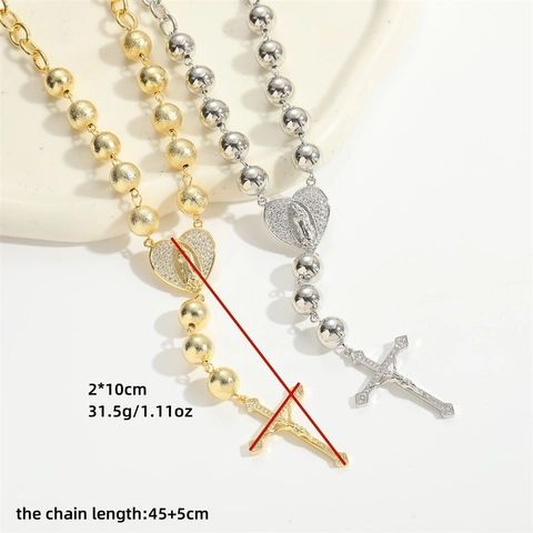 Collar con Colgante de Cruz de Corazón de Zirconia de Cobre Vintage para Mujeres Hombres Religioso Medallón Virgen María Joyería