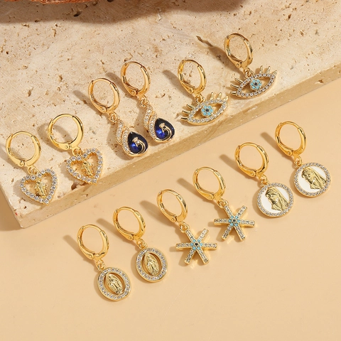 Vintage Gold Kupfer Ohrhänger Religiöse Jungfrau Maria Porträt Relief Anhänger Ohrringe Zirkonia Herz Böser Blick Schmuck
