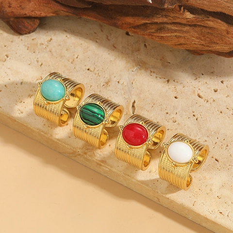 Vintage Kupfer Verstellbarer Ring Ovaler Stein Vergoldet Böhmisch Gewebte Textur Ethnischer Fingerschmuck Damen Party