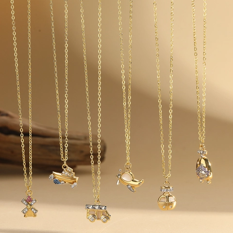Vintage Copper Zirconia Pendant Necklace For Women Gold Plated Enamel Windmill Airplane Ship Clavicle Chain Jewelry Gift