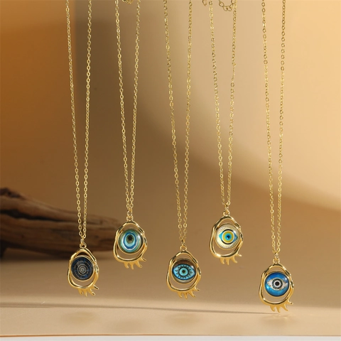 Vintage Gold Plated Copper Necklace Resin Evil Eye Pendant Eyelash Design Choker Exotic Bohemian Necklaces For Women Jewelry