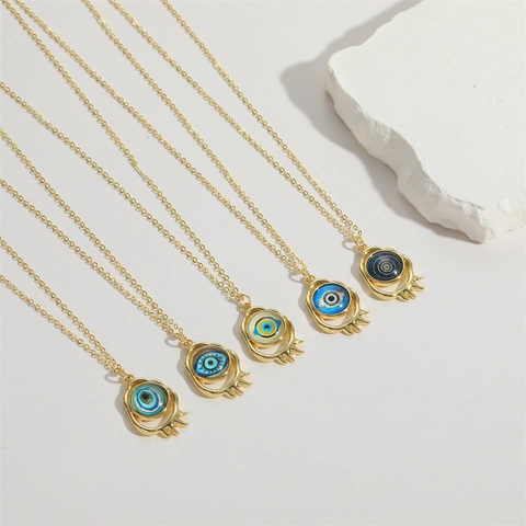 Vintage Gold Plated Copper Necklace Resin Evil Eye Pendant Eyelash Design Choker Exotic Bohemian Necklaces For Women Jewelry