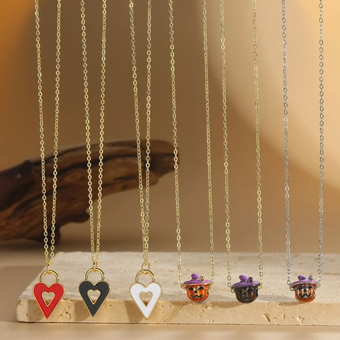 Halloween Pumpkin Heart Pendant Necklace Copper Enamel Wizard Hat Hollow Love Clavicle Chain Jewelry For Women Gift