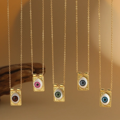 Retro Copper Resin Devil's Eye Rectangular Pendant Necklace Electroplated Gold Geometric Clavicle Chain For Women Jewelry Gift