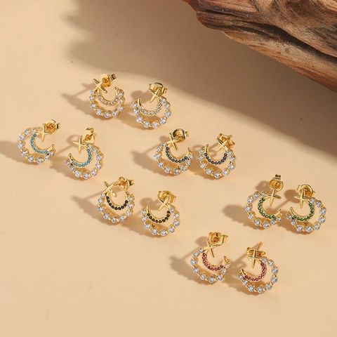 Vergoldete Kupfer Mikro Pave Bunte Zirkonia Mond Stern Ohrstecker Für Damen Eleganter Kleiner Himmels Schmuck Zubehör
