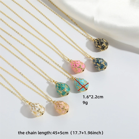 Vintage Faberge Style Copper Enamel Egg Pendant Necklace With Zirconia Delicate Carved Flower Jewelry For Women