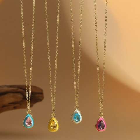 Collar Con Colgante de Zirconia Gota de Agua de Cobre de Lujo Para Mujer Cadena de Clavícula de Esmalte Minimalista Joyas