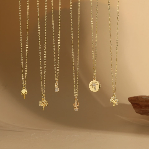 Women Gold Plated Copper Zirconia Tree Pendant Necklace Minimalist Pineapple Cactus Coconut Tree Plant Jewelry Gift