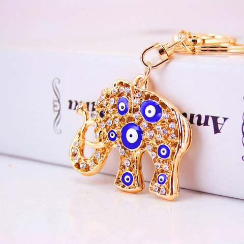 Vintage Gold Zinc Alloy Rhinestone Elephant Evil Eye Keychain Ethnic Style Animal Pendant For Women Bag Hanging Accessory Gift